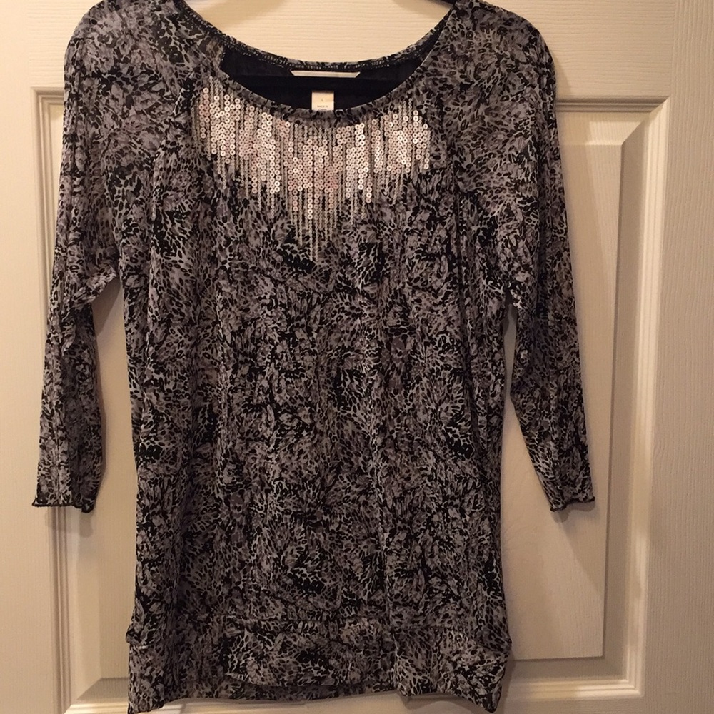 Christopher & Banks Sheer Sleeve Sequin Detail Top